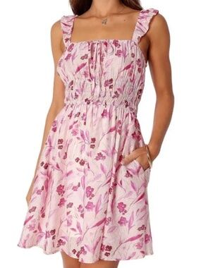 Floral Smocked Mini Dress Ruffle Strap Textured Pink Sleeveless NWT Petal + Pup
